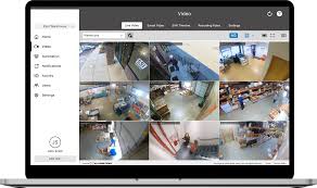 Security surveillance dashboard showing camera feeds with AI detection overlays